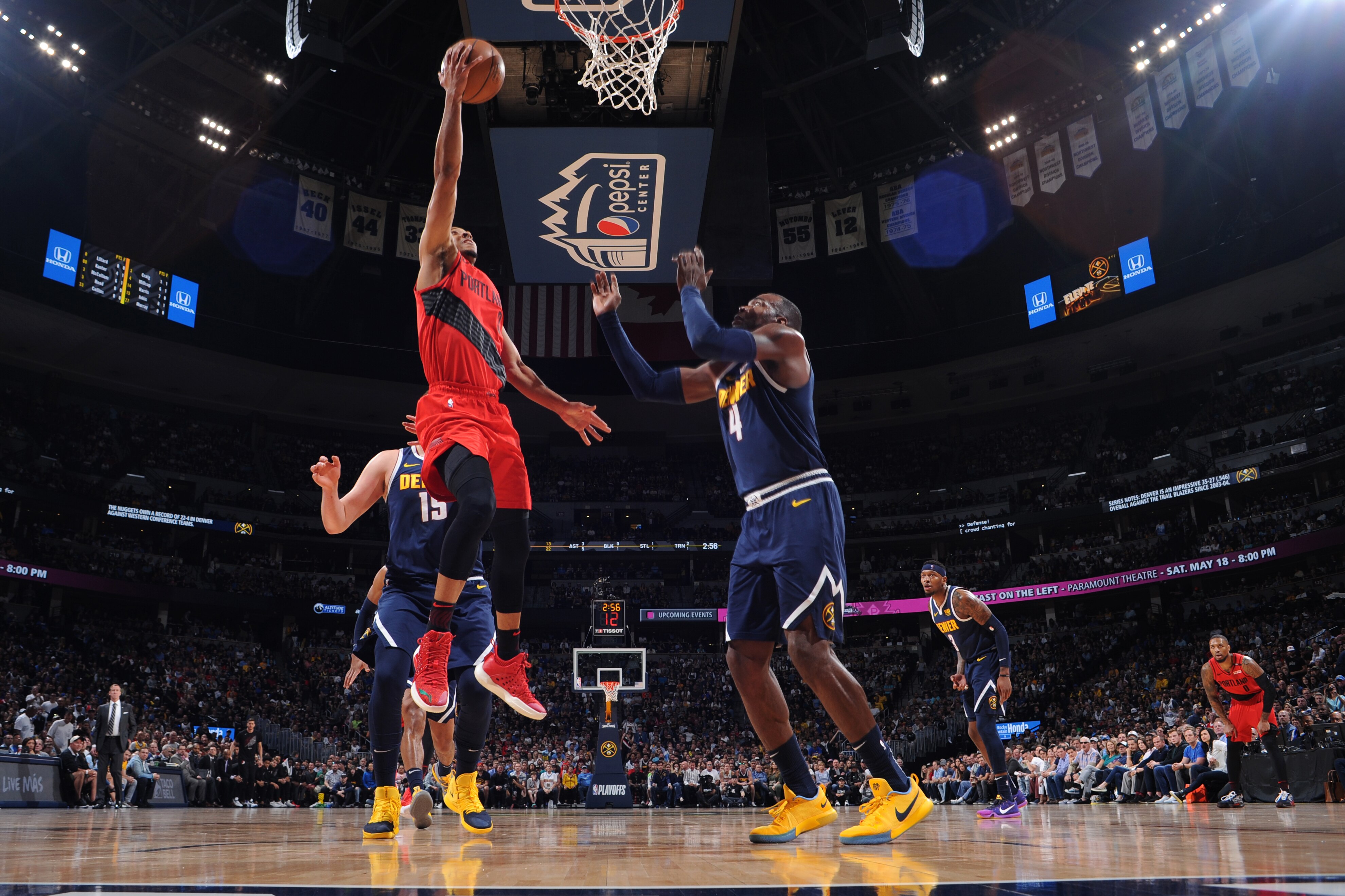 DENVER, CO - MAY 12: CJ McCollum #3 of the Portland Trail Blazers shoots the layup against the Denver Nuggets during Game Seven of the Western Conference Semifinals of the 2019 NBA Playoffs on May 12, 2019 at the Pepsi Center in Denver, Colorado. NOTE TO 