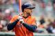 MINNEAPOLIS, MN - MAY 02: George Springer #4 of the Houston Astros bats against the Minnesota Twins on May 2, 2019 at the Target Field in Minneapolis, Minnesota. The Twins defeated the Astros 8-2. (Photo by Brace Hemmelgarn/Minnesota Twins/Getty Images)