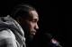 TORONTO, CANADA - MAY 12: Kawhi Leonard No. 2 of the Toronto Raptors speaks with the media following the seventh game of the NBA Playoffs 2019 Eastern Conference semifinals against the Philadelphia 76ers on May 12 2019 at the Scotiabank Arena in Toronto, Ont