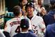 HOUSTON, TX - MAY 08: Michael Brantley #23 of the Houston Astros celebrates with teammates in the dugout after a two run home run in the third inning against the Kansas City Royals at Minute Maid Park on May 8, 2019 in Houston, Texas. (Photo by Tim Warn