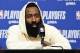 HOUSTON, TX - MAY 10: James Harden #13 of the Houston Rockets speaks to the media after Game Six of the Western Conference Semifinals against the Golden State Warriors during the 2019 NBA Playoffs on May 10, 2019 at the Toyota Center in Houston, Texas. NO