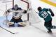 SAN JOSE, CALIFORNIA - MAY 13: Jordan Binnington #50 of the St. Louis Blues makes a save against Timo Meier #28 of the San Jose Sharks in Game Two of the Western Conference Final during the 2019 NHL Stanley Cup Playoffs at SAP Center on May 13, 2019 in Sa