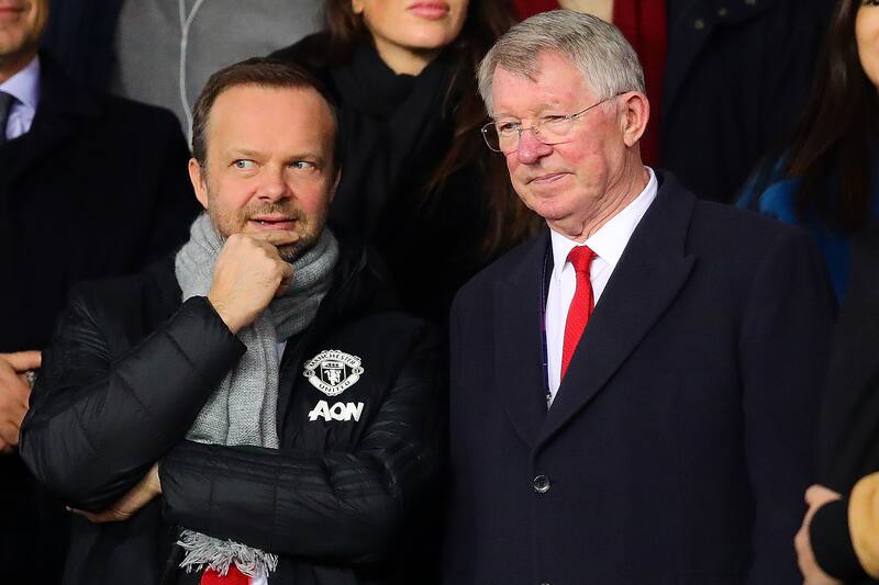 PARIS, FRANCE - MARCH 06: Sir Alex Ferguson next to Manchester United chief-executive Ed Woodward ahead of the UEFA Champions League Round of 16 Second Leg match between Paris Saint-Germain and Manchester United at Parc des Princes on March 06, 2019 in Pa