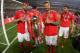 LISBON, PORTUGAL - MAY 18: Haris Seferovic of SL Benfica and Jardel of SL Benfica celebrate with trophy after winning the Liga NOS Championship at the end of the Liga NOS match between SL Benfica and CD Santa Clara at Estadio da Luz on May 18, 2019 in Lis