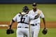 MIAMI, FL - MAY 19: Sandy Alcantara #22 of the Miami Marlins celebrates with catcher Chad Wallach #17 after pitching a complete game against the New York Mets at Marlins Park on May 19, 2019 in Miami, Florida. (Photo by Eric Espada/Getty Images)