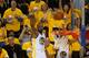 OAKLAND, CALIFORNIA - MAY 08: Kevin Durant #35 of the Golden State Warriors makes a three-point shot against the Houston Rockets during Game Five of the Western Conference Semifinals of the 2019 NBA Playoffs at ORACLE Arena on May 08, 2019 in Oakland, Cal