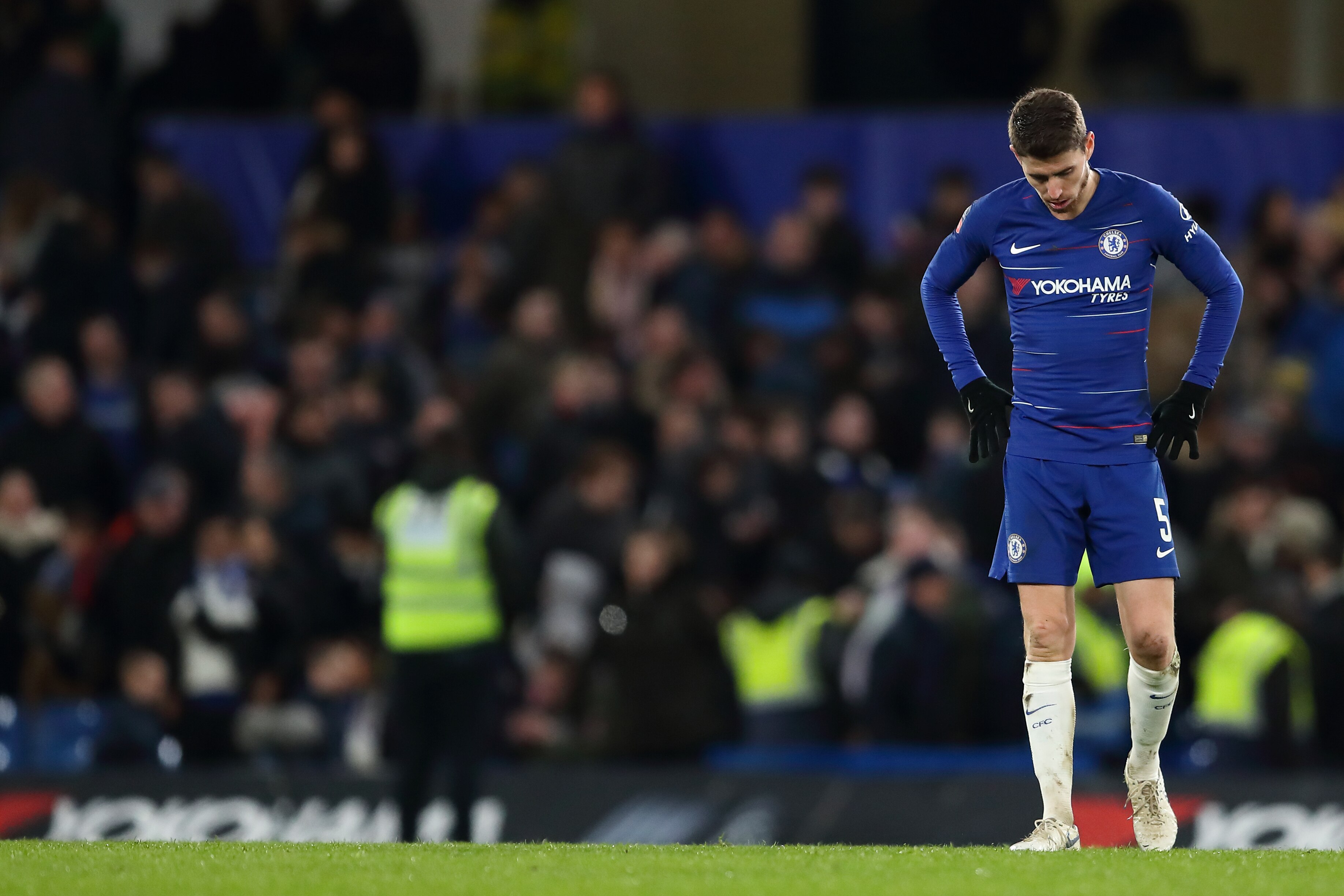 LONDON, ENGLAND - FEBRUARY 18: A dejected Jorginho of Chelsea during the FA Cup Fifth Round match between Chelsea and Manchester United at Stamford Bridge on February 18, 2019 in London, United Kingdom. (Photo by James Williamson - AMA/Getty Images)