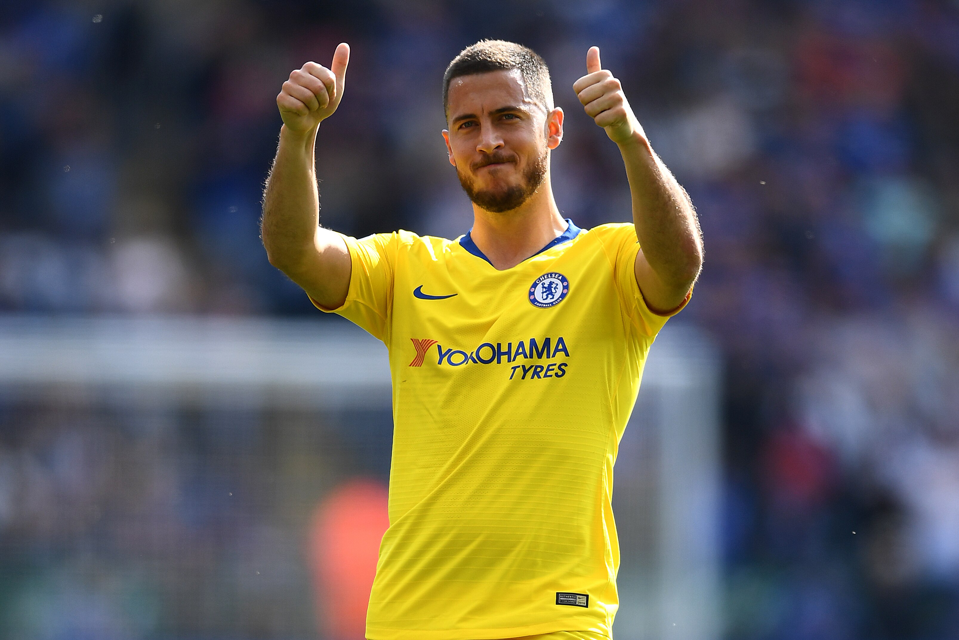 LEICESTER, ENGLAND - MAY 12: Eden Hazard of Chelsea acknowledges the fans after the Premier League match between Leicester City and Chelsea FC at The King Power Stadium on May 12, 2019 in Leicester, United Kingdom. (Photo by Clive Mason/Getty Images)