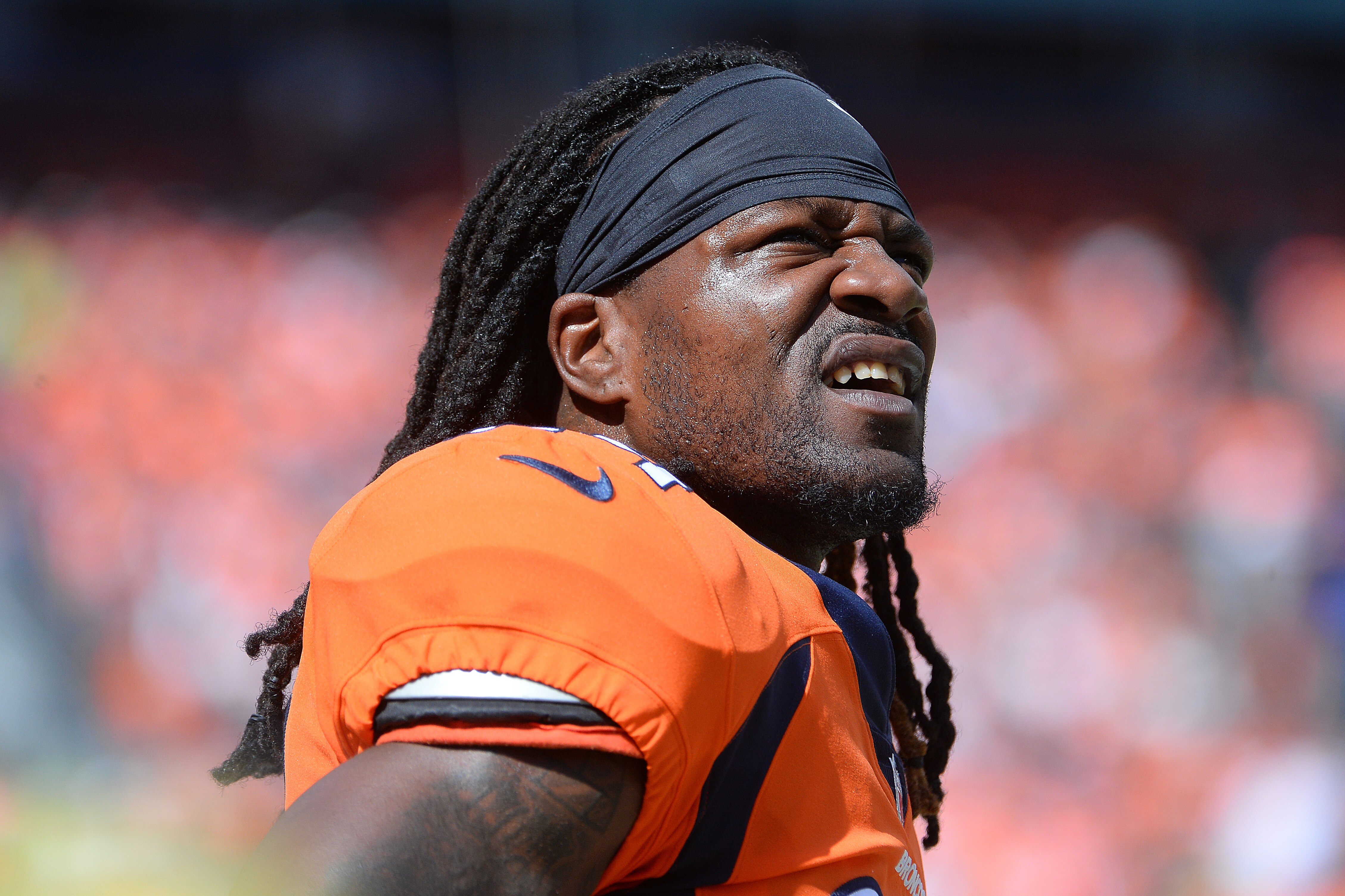 DENVER, CO - SEPTEMBER 9:  Defensive back Adam Jones #24 of the Denver Broncos reacts to a call against  the Seattle Seahawks at Broncos Stadium at Mile High on September 9, 2018 in {Denver, Colorado. (Photo by Bart Young/Getty Images)