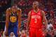 HOUSTON, TX - MAY 6: Kevin Durant #35 of the Golden State Warriors and Chris Paul #3 of the Houston Rockets smile during Game Four of the Western Conference Semifinals of the 2019 NBA Playoffs on May 6, 2019 at the Toyota Center in Houston, Texas. NOTE TO