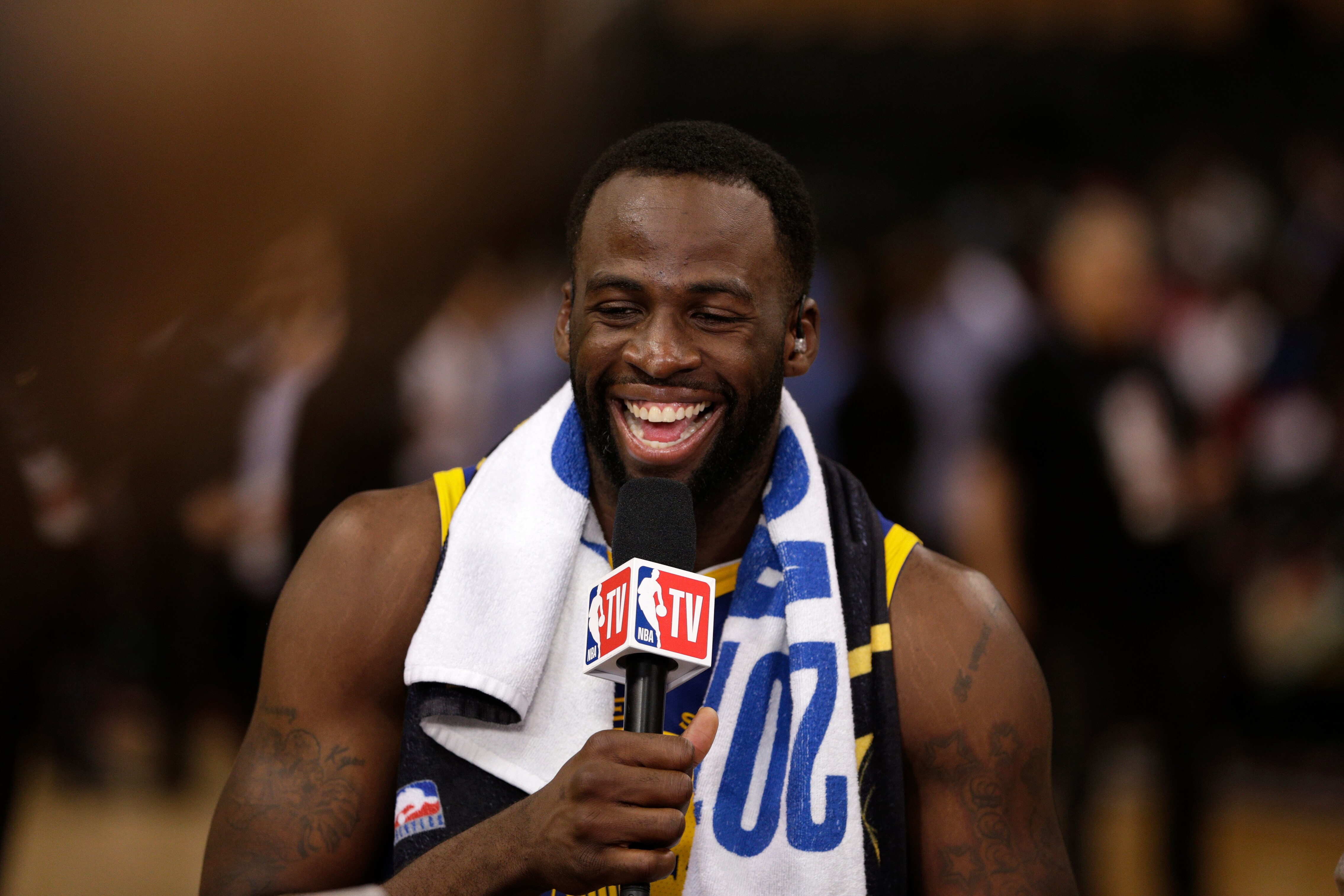 TORONTO, CANADA - JUNE 2: Draymond Green #23 of the Golden State Warriors shares a laugh during interview after the game against the Toronto Raptors during Game Two of the NBA Finals on June 2, 2019 at Scotiabank Arena in Toronto, Ontario, Canada. NOTE TO
