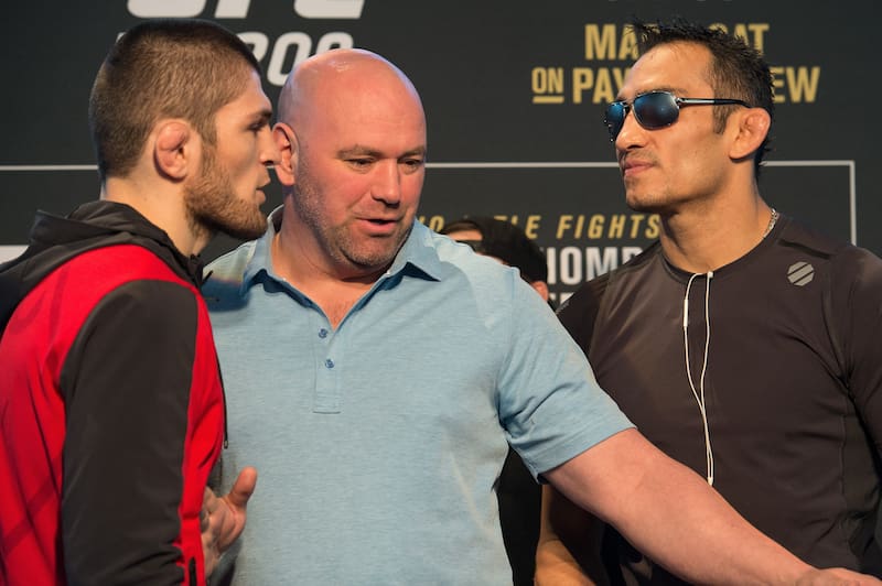 LAS VEGAS, NV - MARCH 02: (L-R) Khabib Nurmagomedov of Russia and Tony Ferguson face off during the UFC 209 Ultimate Media Day inside TMobile Arena on March 2, 2017 in Las Vegas, Nevada. (Photo by Brandon Magnus/Zuffa LLC/Zuffa LLC via Getty Images)
