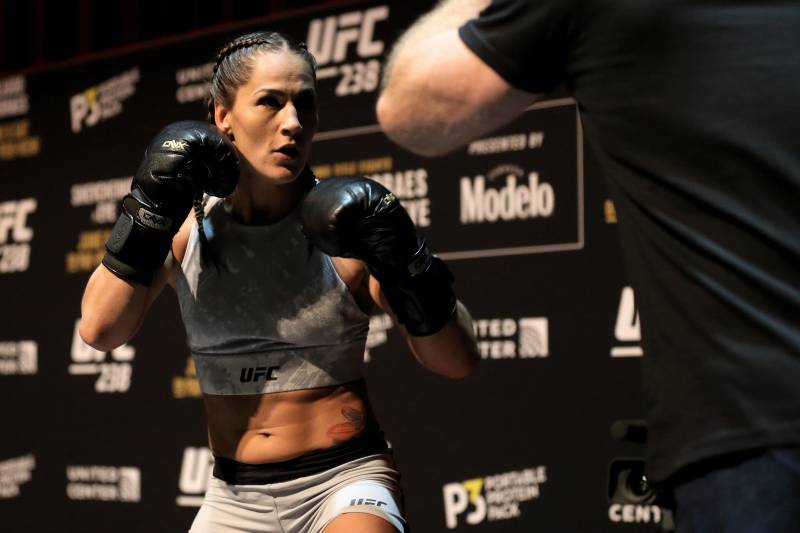 CHICAGO, ILLINOIS - JUNE 05:  Jessica Eye trains during UFC 238 Cejudo v Moraes: Open Workouts at Chicago Theatre on June 05, 2019 in Chicago, Illinois. (Photo by Dylan Buell/Zuffa LLC/Zuffa LLC)