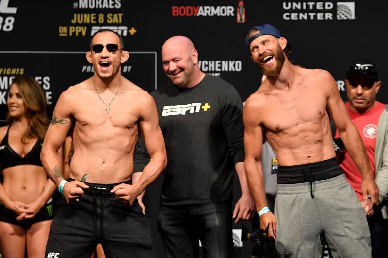 CHICAGO, IL - JUNE 07:  (L-R) Tony Ferguson and Donald Cerrone pose for the media during the UFC 238 weigh-in at the United Center on June 7, 2019 in Chicago, Illinois. (Photo by Jeff Bottari/Zuffa LLC/Zuffa LLC via Getty Images)