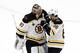 ST LOUIS, MISSOURI - JUNE 09: Tuukka Rask #40 and David Pastrnak #88 of the Boston Bruins celebrate their teams 5-1 win over the St. Louis Blues in Game Six of the 2019 NHL Stanley Cup Final at Enterprise Center on June 09, 2019 in St Louis, Missouri. (P