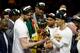 OAKLAND, CALIFORNIA - JUNE 13: Marc Gasol #33 and Danny Green #14 of the Toronto Raptors celebrate with the Larry O'Brien Championship Trophy after his team defeated the Golden State Warriors to win Game Six of the 2019 NBA Finals at ORACLE Arena on June