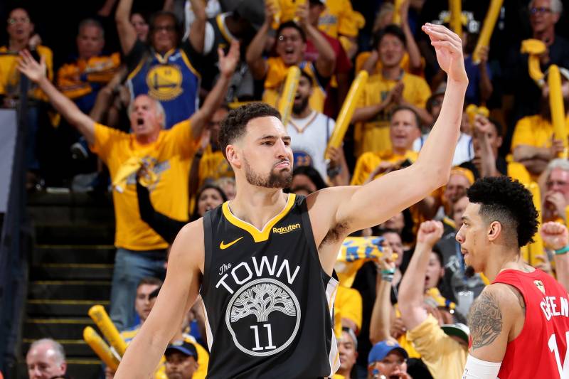 OAKLAND, CA - JUNE 13: Klay Thompson #11 of the Golden State Warriors reacts against the Toronto Raptors during Game Six of the 2019 NBA Finals on June 13, 2019 at ORACLE Arena in Oakland, California. NOTE TO USER: User expressly acknowledges and agrees t