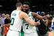 BOSTON, MA - APRIL 17: Jayson Tatum #0 hugs Jaylen Brown #7 of the Boston Celtics Game Two of Round One of the 2019 NBA Playoffs against the Boston Celtics on April 17, 2019 at the TD Garden in Boston, Massachusetts. NOTE TO USER: User expressly acknowle