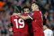 Saido Mane, Mo Salah and Roberto Firmino celebrate after the 3rd Liverpool goal scored by Mane during the Liverpool v Roma Champions League semi-final 1st leg at Anfield on April 24th 2018 in Liverpool (Photo by Tom Jenkins)