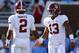 OXFORD, MS - SEPTEMBER 15: Tua Tagovailoa #13 of the Alabama Crimson Tide and Jalen Hurts #2 warms up before a game against the Mississippi Rebels at Vaught-Hemingway Stadium on September 15, 2018 in Oxford, Mississippi. (Photo by Jonathan Bachman/Getty