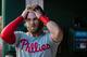 WASHINGTON, DC - JUNE 20: Bryce Harper #3 of the Philadelphia Phillies reacts in the dugout against the Washington Nationals during the third inning at Nationals Park on June 20, 2019 in Washington, DC. (Photo by Scott Taetsch/Getty Images)