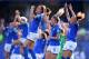 MONTPELLIER, FRANCE - JUNE 25: Italy players celebrate after victory in the 2019 FIFA Women's World Cup France Round Of 16 match between Italy and China at Stade de la Mosson on June 25, 2019 in Montpellier, France. (Photo by Laurence Griffiths/Getty Imag