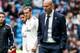 MADRID, SPAIN - APRIL 21: (L-R) Isco of Real Madrid, Gareth Bale of Real Madrid, coach Zinedine Zidane of Real Madrid during the La Liga Santander match between Real Madrid v Athletic de Bilbao at the Santiago Bernabeu on April 21, 2019 in Madrid Spain (