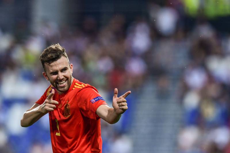 Spain's forward Borja Mayoral celebrates scoring during the semi-final match of the UEFA U21 European Football Championships between Spain and France on June 27, 2019 at the Citta del Tricolore stadium in Reggio Emilia. (Photo by Miguel MEDINA / AFP)     