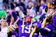 EAST RUTHERFORD, NJ - OCTOBER 21: A Minnesota Vikings fan cheers on his team against the New York Jets at MetLife Stadium on October 21, 2018 in East Rutherford, New Jersey. The Vikings defeated the Jets 37-17. (Photo by Steven Ryan/Getty Images)