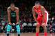 WASHINGTON, DC - DECEMBER 29: Kemba Walker #15 of the Charlotte Hornets and Bradley Beal #3 of the Washington Wizards look on during the game on December 29, 2018 at Capital One Arena in Washington, DC. NOTE TO USER: User expressly acknowledges and agrees