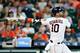 HOUSTON, TEXAS - JULY 07: Yuli Gurriel #10 of the Houston Astros hits a grand slam in the sixth inning against the Los Angeles Angels of Anaheim at Minute Maid Park on July 07, 2019 in Houston, Texas. (Photo by Bob Levey/Getty Images)