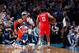 OKLAHOMA CITY, OK - APRIL 9: Russell Westbrook #0 of the Oklahoma City Thunder plays defense against during the game against James Harden #13 of the Houston Rockets on April 9, 2019 at Chesapeake Energy Arena in Oklahoma City, OK. NOTE TO USER: User expre