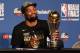 CLEVELAND, OH - JUNE 08: Finals MVP Kevin Durant #35 of the Golden State Warriors speaks to the media after defeating the Cleveland Cavaliers during Game Four of the 2018 NBA Finals at Quicken Loans Arena on June 8, 2018 in Cleveland, Ohio. The Warriors