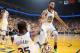 OAKLAND, CA - MAY 8: Kevin Durant #35 is helped up by Stephen Curry #30 of the Golden State Warriors during Game Five of the Western Conference Semifinals of the 2019 NBA Playoffs against the Houston Rockets on May 8, 2019 at ORACLE Arena in Oakland, Cali
