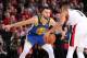 PORTLAND, OR - MAY 20: Stephen Curry #30 of the Golden State Warriors defends CJ McCollum #3 of the Portland Trail Blazers during Game Four of the Western Conference Finals on May 20, 2019 at the Moda Center in Portland, Oregon. NOTE TO USER: User expres