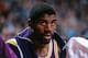 PORTLAND, OR - 1985: Magic Johnson #32 of the Los Angeles Lakers looks on against the Portland Trailblazers at the Veterans Memorial Coliseum in Portland, Oregon circa 1985. NOTE TO USER: User expressly acknowledges and agrees that, by downloading and or
