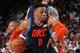 PORTLAND, OR - APRIL 23: Russell Westbrook #0 of the Oklahoma City Thunder handles the ball against the Portland Trail Blazers during Game Five of Round One of the 2019 NBA Playoffs on April 23, 2019 at the Moda Center in Portland, Oregon. NOTE TO USER: