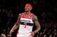 NEW YORK, NY - APRIL 7: Bradley Beal #3 of the Washington Wizards smiles against the New York Knicks on April 7, 2019 at Madison Square Garden in New York City, New York. NOTE TO USER: User expressly acknowledges and agrees that, by downloading and or usi