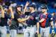 TORONTO, ONTARIO - JULY 24: Shane Bieber #57 of the Cleveland Indians celebrates his complete game shutout with Mike Clevinger #52 against the Toronto Blue Jays following their MLB game at the Rogers Centre on July 24, 2019 in Toronto, Canada. (Photo by M