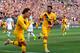 FC Barcelona's Luis Suarez (R) celebrates his goal with teammate Antoine Griezmann during the second half of the La Liga-Serie A Cup match between FC Barcelona and SSC Napoli on August 10, 2019 at Michigan Stadium in Ann Arbor, Michigan. (Photo by JEFF KO