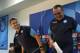Napoli's midfielder from Brazil Jorginho (L) and Napoli's coach from Italy Maurizio Sarri attend a press conference on the eve of the Champion's League football match Napoli vs Feyenoord on September 25, 2017 in Naples. / AFP PHOTO / Carlo Hermann
