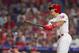 PHILADELPHIA, PA - AUGUST 14: J.T. Realmuto #10 of the Philadelphia Phillies hits a grand slam in the bottom of the third inning against the Chicago Cubs at Citizens Bank Park on August 14, 2019 in Philadelphia, Pennsylvania. The Phillies defeated the Cub