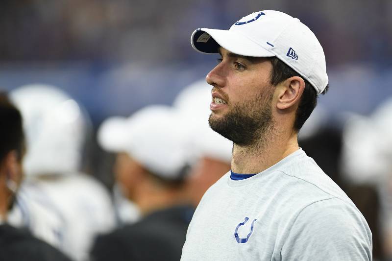INDIANAPOLIS, INDIANA - AUGUST 17:  Andrew Luck #12 of the Indianapolis Colts watches action during a game against the Cleveland Browns at Lucas Oil Stadium on August 17, 2019 in Indianapolis, Indiana. (Photo by Stacy Revere/Getty Images)