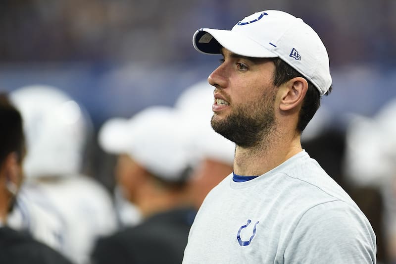 INDIANAPOLIS, INDIANA - AUGUST 17: Andrew Luck #12 of the Indianapolis Colts watches action during a game against the Cleveland Browns at Lucas Oil Stadium on August 17, 2019 in Indianapolis, Indiana. (Photo by Stacy Revere/Getty Images)