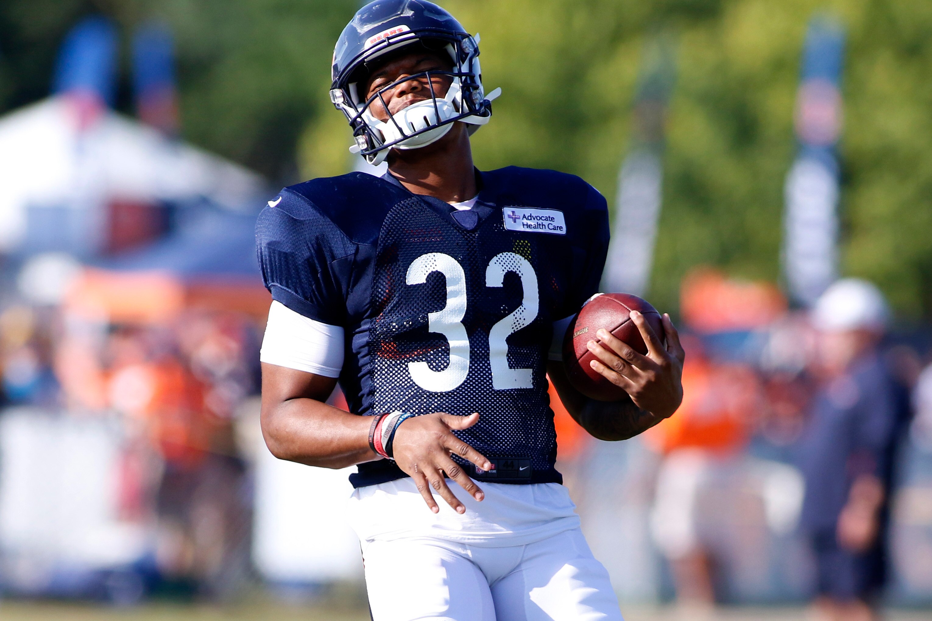 BOURBONNAIS, ILLINOIS - AUGUST 05: David Montgomery #32 of the Chicago Bears in action during the Bears training camp at Olivet Nazarene University on August 05, 2019 in Bourbonnais, Illinois. (Photo by Justin Casterline/Getty Images)