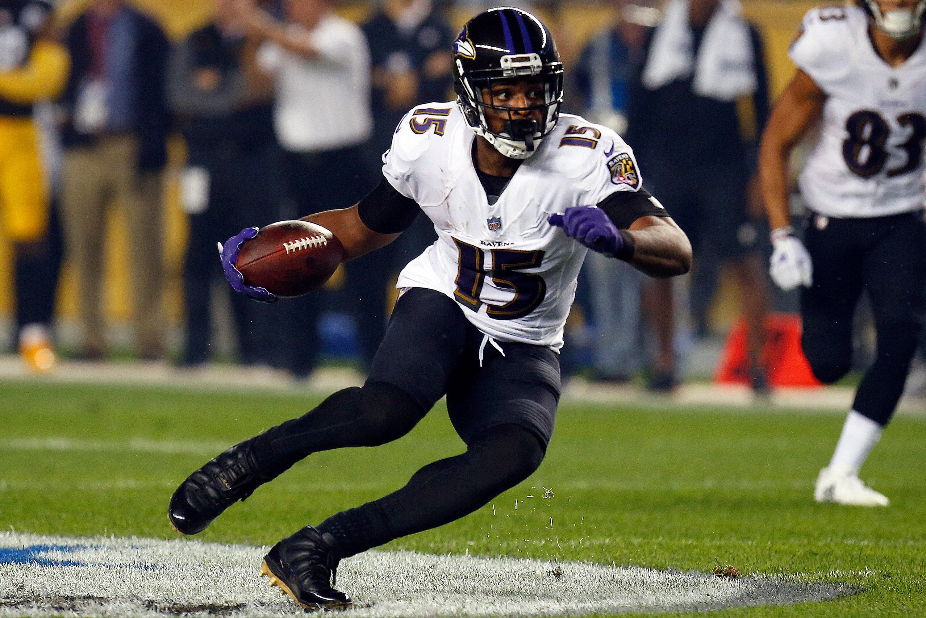 PITTSBURGH, PA - SEPTEMBER 30:  Michael Crabtree #15 of the Baltimore Ravens in action against the Pittsburgh Steelers on September 30, 2018 at Heinz Field in Pittsburgh, Pennsylvania.  (Photo by Justin K. Aller/Getty Images)