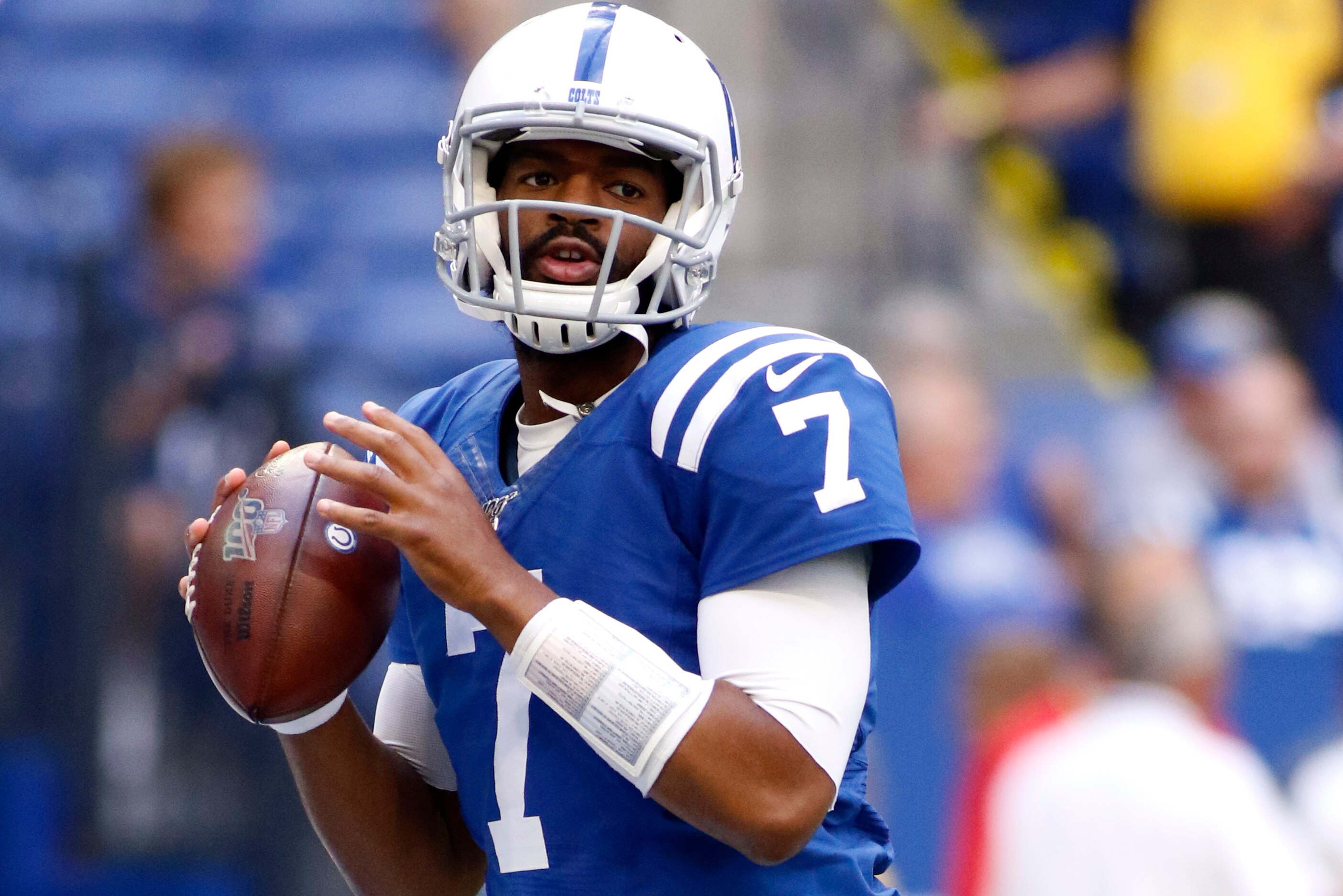 INDIANAPOLIS, INDIANA - AUGUST 24: Jacoby Brissett #7 of the Indianapolis Colts warms up before preseason game against the Chicago Bears at Lucas Oil Stadium on August 24, 2019 in Indianapolis, Indiana. (Photo by Justin Casterline/Getty Images)