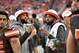 CLEVELAND, OHIO - AUGUST 29: wide receivers Odell Beckham #13 and Jarvis Landry #80 of the Cleveland Browns talk on the sidelines during the first half of a preseason game against the Detroit Lions at FirstEnergy Stadium on August 29, 2019 in Cleveland,