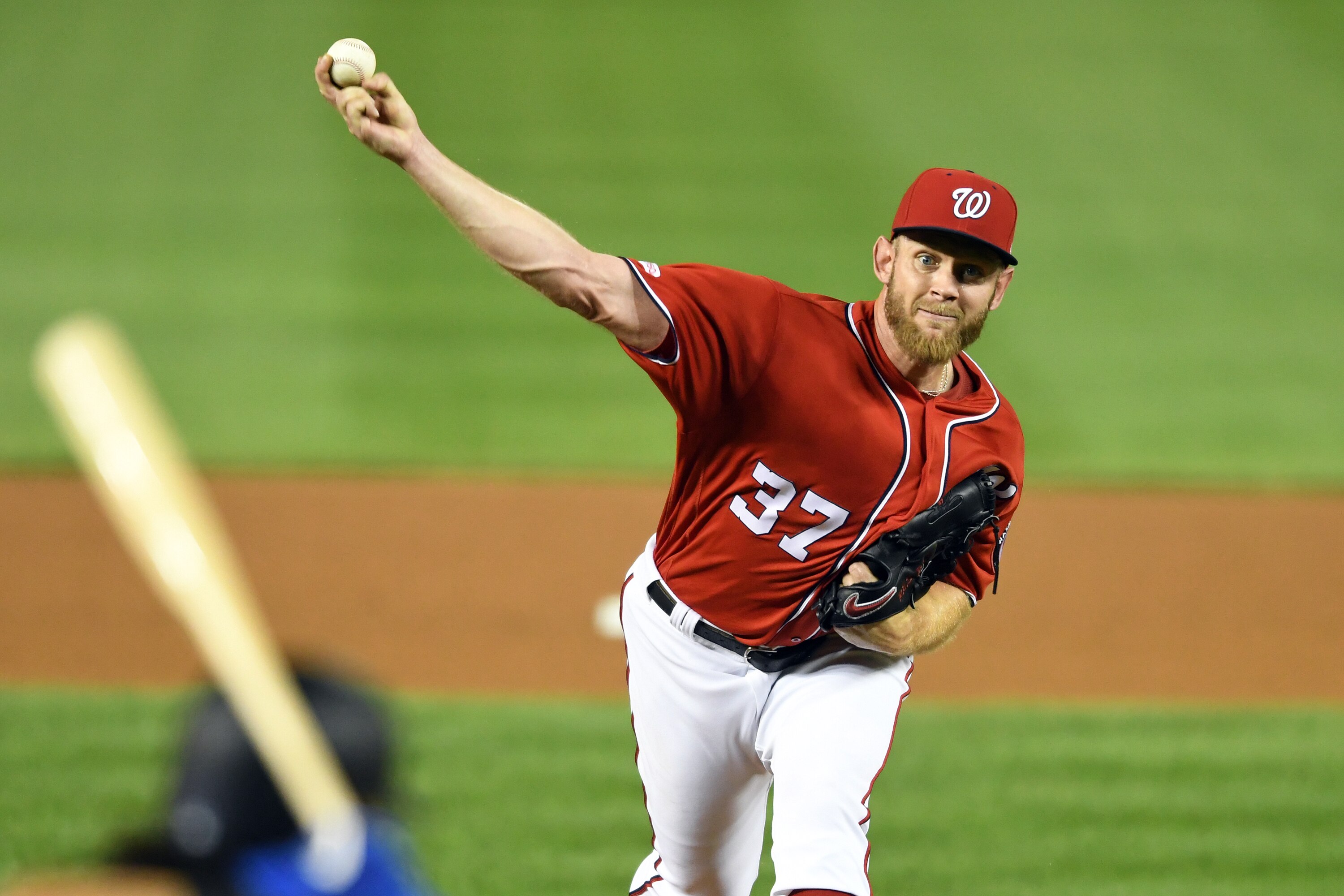 WASHINGTON, DC - AUGUST 31:  Stephen Strasburg #37 of the Washington Nationals pitches in the sixth inning during a baseball game against the Miami Marlins at Nationals Park on August 31, 2019 in Washington, DC.  (Photo by Mitchell Layton/Getty Images)