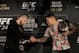 LONDON, ENGLAND - JUNE 12: Khabib Nurmagomedov and Dustin Poirier shake hands during a UFC 242 Press Conference at Hotel Cafe Royal on June 12, 2019 in London, England. (Photo by Marc Atkins/Zuffa LLC/Zuffa LLC)